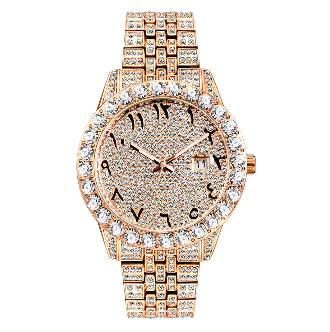 Rose gold watch with diamond-studded bezel on a white background