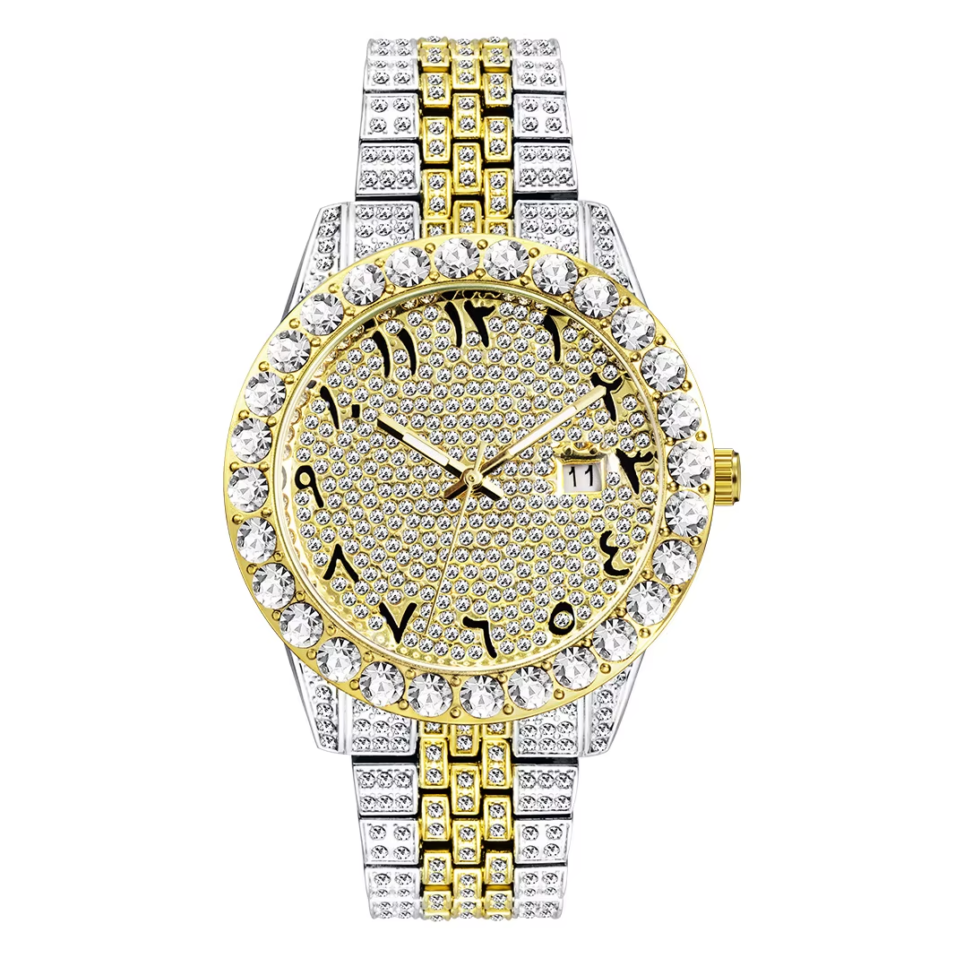 Luxury watch with gold and silver band and diamond-studded face on a white background